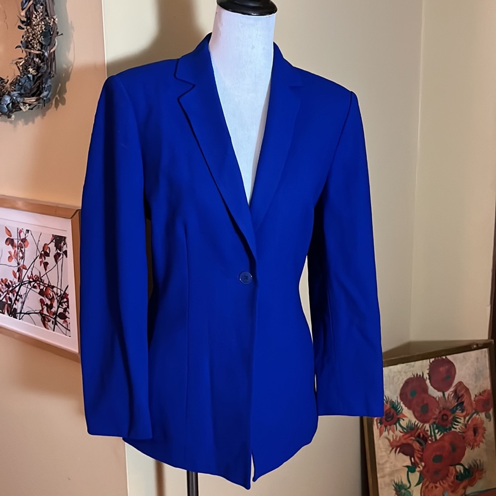 VINTAGE KASPER and CO Size 10 Longline Blazer 1-Button WOOL Vivid BlueV-neck